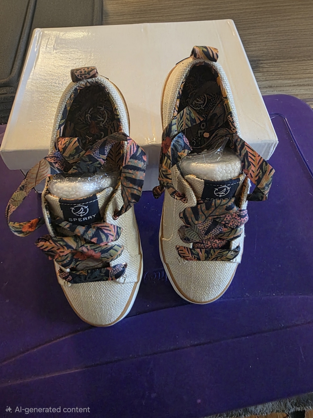Sperry Cream Canvas Sneakers with Floral Print Ribbon Laces
